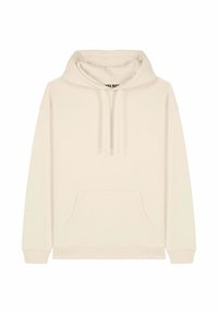 Felpa color crema realizzata in tessuto morbido. Presenta una tasca a marsupio, un cappuccio con cordini e polsini e orlo a coste. Design semplice e privo di decorazioni.