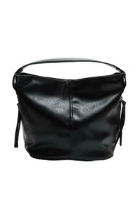 Schwarze Lederschultertasche mit weicher Textur, weitem Öffnung und zwei seitlichen Quasten als Akzent. Einfaches, ungeschmücktes Design.