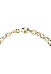 Armbanduhr aus goldfarbenem Metall mit abwechselnden ovalen Gliedern. Verfügt über einen sicheren Karabinerhakenverschluss für einfaches An- und Ablegen.