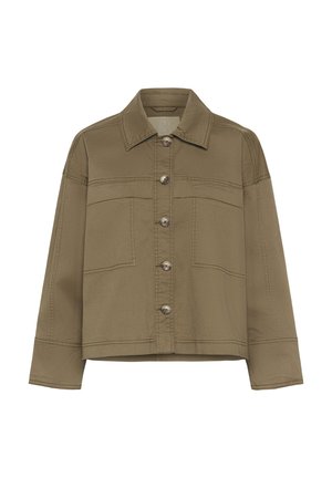 Veste vert olive en matériau robuste, avec une fermeture à boutons sur le devant, des poches poitrine et un col classique avec des manches à coupe droite.