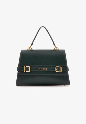 Sac à main structuré vert foncé avec poignée supérieure, logo GUESS doré et boucles décoratives dorées sur la sangle avant.