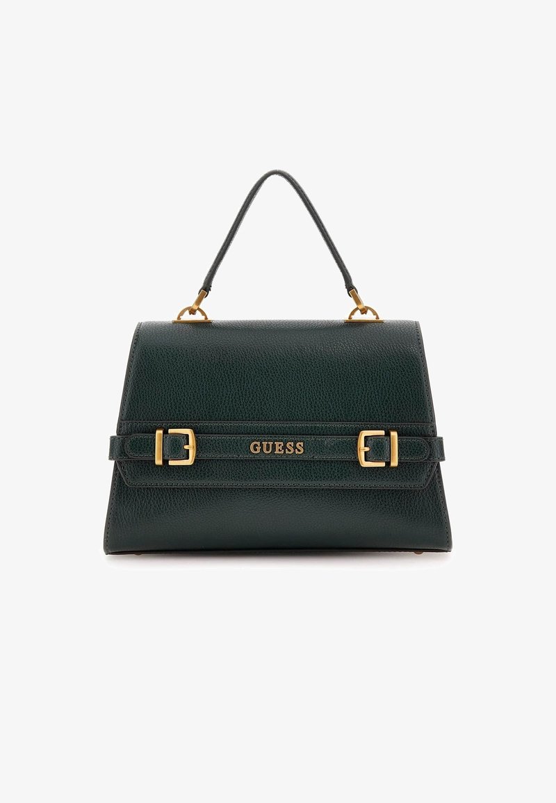 Sac à main structuré vert foncé avec poignée supérieure, logo GUESS doré et boucles décoratives dorées sur la sangle avant.