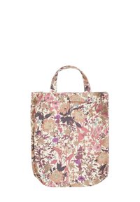 Sac fourre-tout floral avec un fond crème, arborant des motifs botaniques roses, violets et dorés. Deux poignées courtes pour le porter.