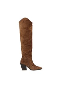 Braune Wildleder-Knöchelstiefel mit spitzer Zehenpartie und块iger schwarzer Absatz. Verfügt über einen seitlichen Reißverschluss zur Öffnung. Weiche Textur, glatte Oberfläche.