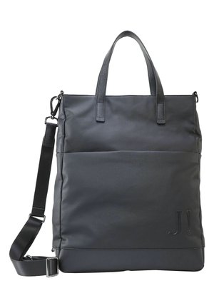 Borsa tote nera in nylon con doppi manici, tracolla regolabile e tasca frontale con logo impresso. Texture liscia e resistente in tutto.