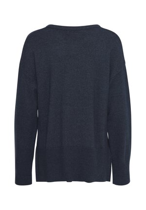 Dunkelblauer Pullover aus weichem Strickmaterial, mit lässigem Schnitt, geripptem Saum und weiter Ausschnitt. Rückansicht gezeigt.