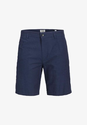 Pantaloni corti blu navy realizzati in tessuto leggero, caratterizzati da una parte anteriore piatta, chiusura con bottone, due tasche laterali e una vestibilità comoda.