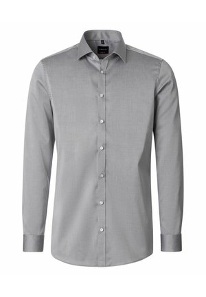 Herre langærmet slimfit grå skjorte med knaplukning foran og klassisk krave på hvid baggrund.