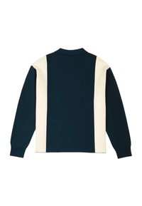 Marynarska bluza w kolorze kremowym, z kołnierzykiem, długimi rękawami i pionowym wzorem w kolorach. Miękka tekstura materiału, minimalne akcenty.
