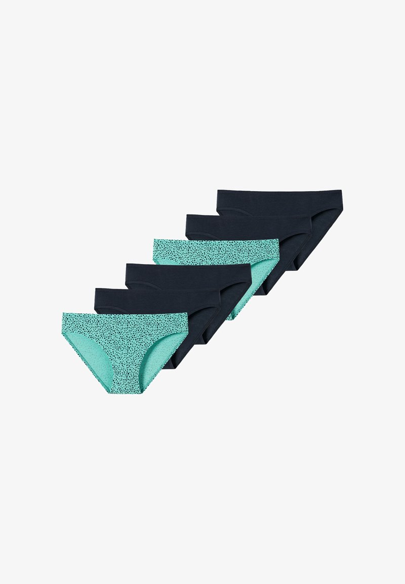 Pięć par damskich majtek, z mieszanką gładkiego ciemnogranatowego materiału oraz jednej pary w miętowym kolorze w kropki.