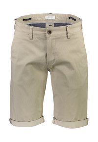 Pantaloni beige realizzati in tessuto testurizzato, con orlo arrotolato, chiusura con bottone frontale e passanti per cintura. All'interno presentano un motivo a righe.