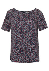 Blommig kortärmad blus med vid halsringning. Marinblå bakgrund med vita och röda blommor, lätt tyg, avslappnad passform.