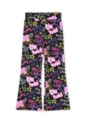 Pantaloni neri a zampa con scritte e simboli colorati in stile graffiti, tra cui "Oh Yeah!", stelle, cuori e frasi motivazionali come "Non mollare mai".