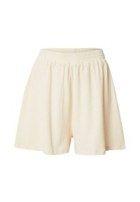 Lichtbeige shorts van textuurstof, met een elastische tailleband en een losse pasvorm. De stof heeft een subtiele gekreukte uitstraling.