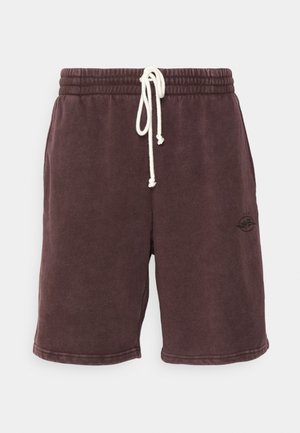 Hnědé volnočasové šortky s elastickým pasem a bílým šňůrkovým stahováním, s malým černým logem na pravém stehně.