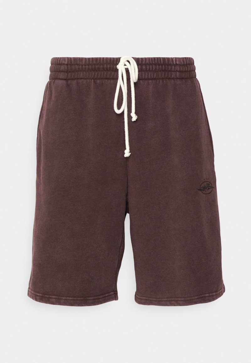 Shorts décontractés marron avec taille élastique et cordon blanc, présentant un petit logo noir sur la cuisse droite.