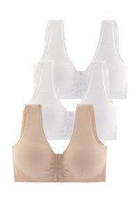 Drei BHs: einer in Beige, zwei in Weiß. Strukturiertes Material mit breiten Trägern und einem niedrigen Rundhalsausschnitt. Frontverschluss mit glatter Oberfläche.