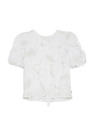 Hvid bluse med korte ærmer, puffede ærmer og blomsterbroderi, med rund halsudskæring og lille knude foran ved kanten.