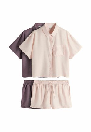 Two sets of short-sleeve button-up shirts and matching elastic waist shorts in light pink and muted purple colors.