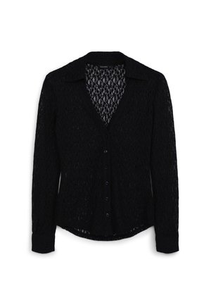 Blusa nera in pizzo con colletto, apertura con bottoni, maniche lunghe e motivo testurizzato. Tessuto morbido e leggero con un aspetto trasparente.