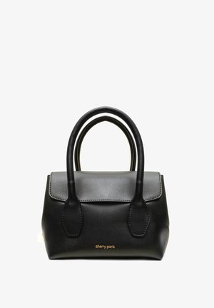 Sac à main en cuir noir avec double poignées arrondies et fermeture à rabat, comportant le logo "cherry paris" en relief doré sur le devant.