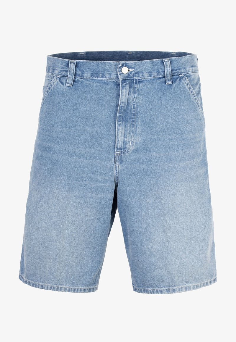Lichtblauwe denim shorts met een relaxed pasvorm, voorzien van een knoopsluiting, voorkezen en gestikte naden. De stof heeft een gladde textuur.
