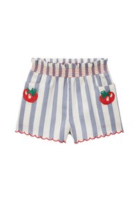 Shorts en coton rayés avec une taille élastique volant�ée, un ourlet en feston et une broderie de tomates rouges sur les poches. Couleurs bleu et blanc.