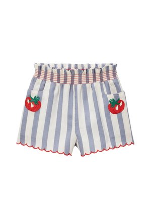 Shorts en coton rayés avec une taille élastique volantée, un ourlet en feston et une broderie de tomates rouges sur les poches. Couleurs bleu et blanc.