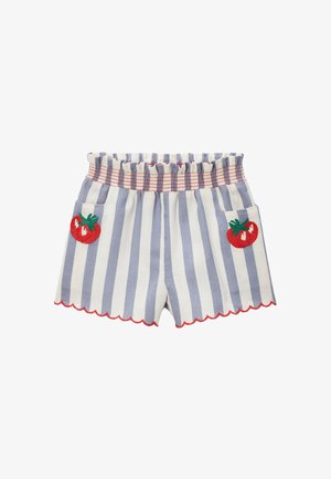 Shorts en coton rayés avec une taille élastique volantée, un ourlet en feston et une broderie de tomates rouges sur les poches. Couleurs bleu et blanc.