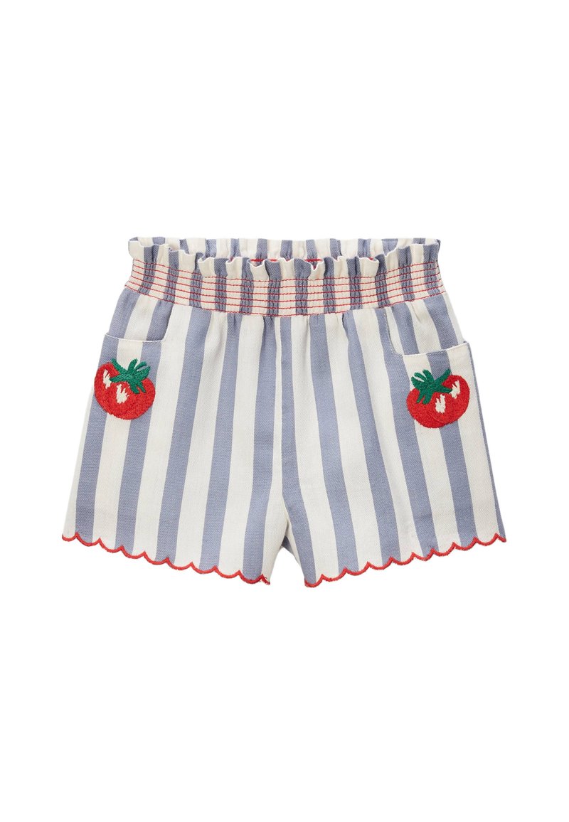 Shorts en coton rayés avec une taille élastique volantée, un ourlet en feston et une broderie de tomates rouges sur les poches. Couleurs bleu et blanc.