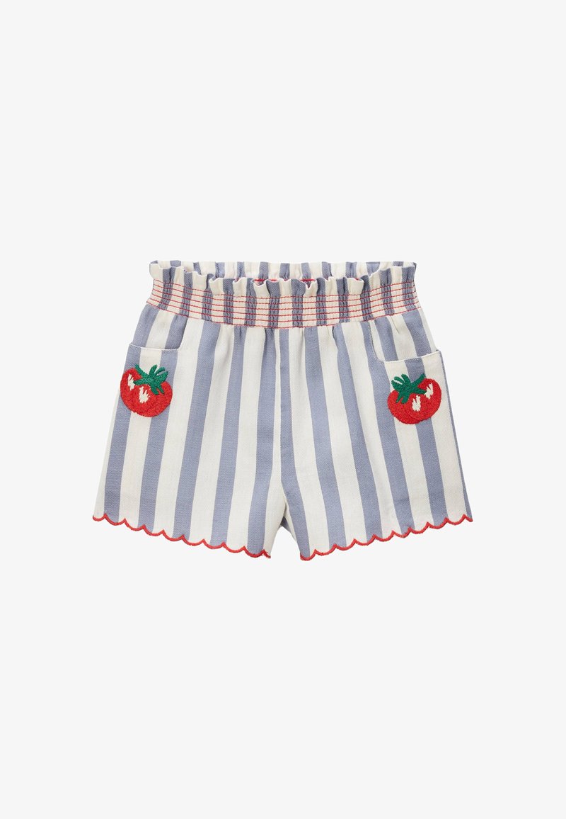 Shorts en coton rayés avec une taille élastique volantée, un ourlet en feston et une broderie de tomates rouges sur les poches. Couleurs bleu et blanc.