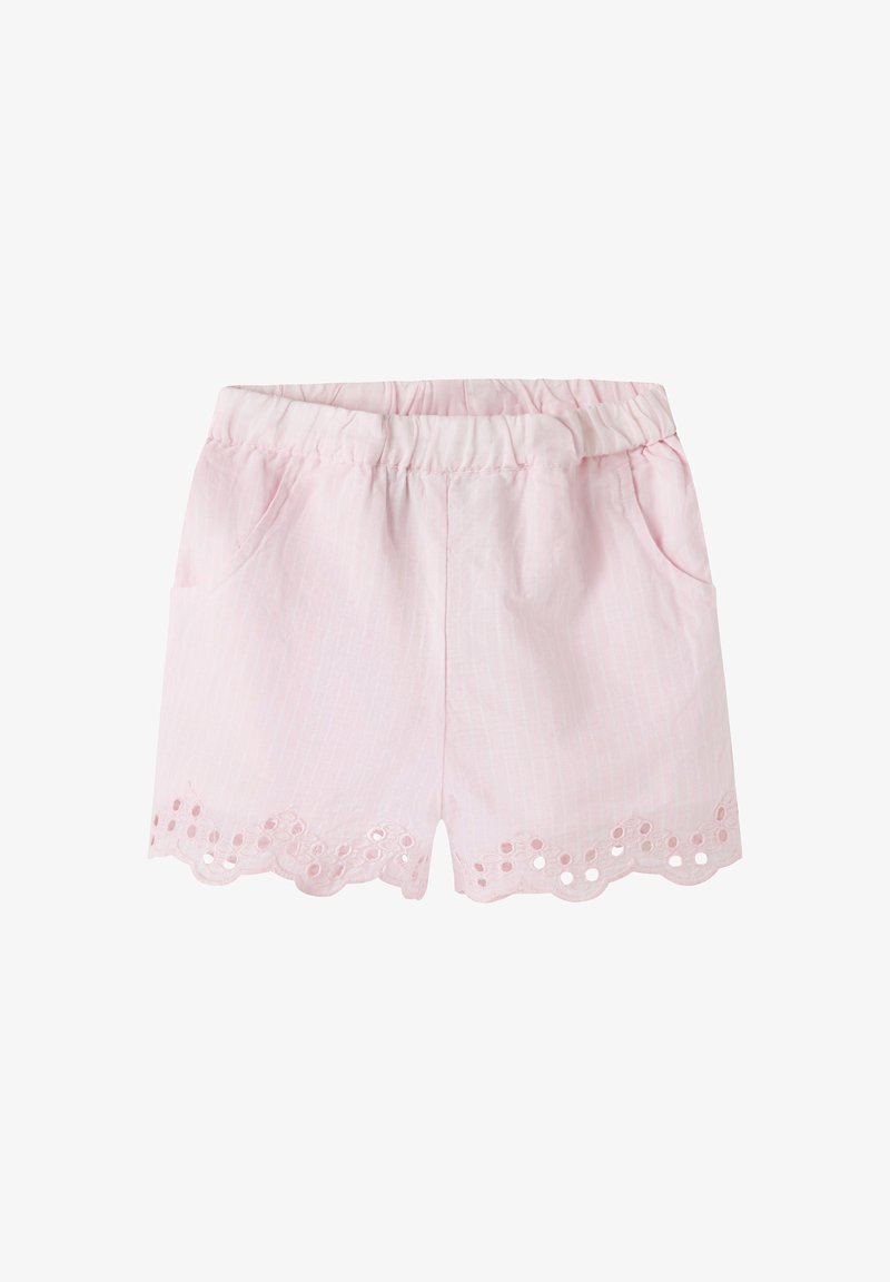 Short rose clair pour tout-petit avec taille élastique, poches latérales et ourlet festonné décoratif avec découpes œillet.