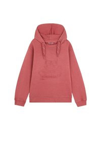 Sudadera de color coral con un gran logo en el pecho, capucha ajustable, puños y dobladillo acanalados, y una textura suave. Corte clásico con un bolsillo canguro.