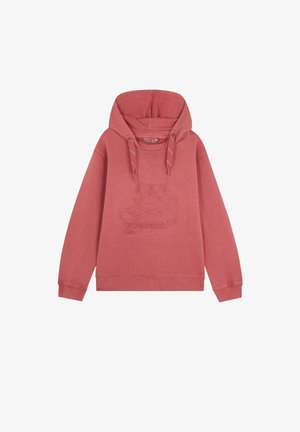 Sudadera de color coral con un gran logo en el pecho, capucha ajustable, puños y dobladillo acanalados, y una textura suave. Corte clásico con un bolsillo canguro.