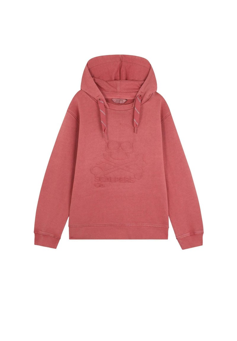 Sudadera de color coral con un gran logo en el pecho, capucha ajustable, puños y dobladillo acanalados, y una textura suave. Corte clásico con un bolsillo canguro.