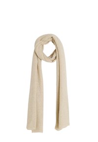 Écharpe en tricot beige avec une finition douce et texturée. Forme longue et rectangulaire avec des variations de couleur subtiles et sans accents supplémentaires.