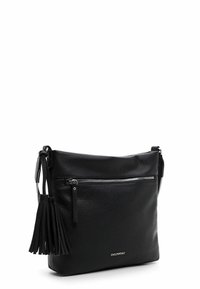 Sort læder crossbody taske med struktureret overflade, lynlåslukning i toppen, lynlåslomme på forsiden og frynse detalje på siden.