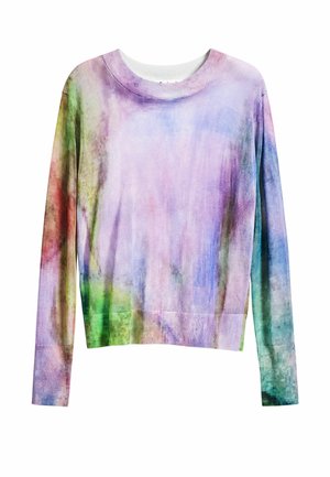 Multicolored crew neck sweater featuring a watercolor pattern in shades of lavender, green, and red. Ribbed cuffs and hem. Soft texture.