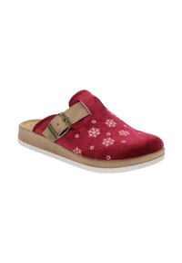 Pantofole rosse senza lacci con cinturino beige, motivo a fiocco di neve e suola beige, progettate per il comfort domestico.