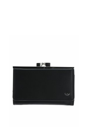 Pochette en cuir noire rectangulaire avec fermoir argenté et petit logo métallique dans le coin inférieur droit.