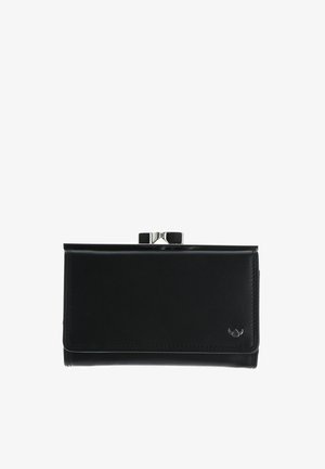 Black rectangular leather clutch purse with silver clasp and small metal logo on bottom right corner.
