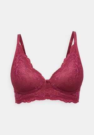 Sutiã de renda burgundy com aro, padrão floral, copas almofadadas, alças ajustáveis em cetim e bordas rendilhadas ao longo da faixa.