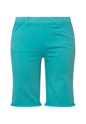 Turquoise bermuda shorts made from soft fabric, featuring an elastic waistband, front pockets, and a smooth finish. No visible patterns.
