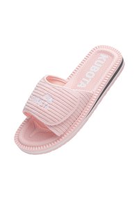 Sandales à glissière roses avec une sangle texturée à nervures, design à bout ouvert, semelle rembourrée, semelle légère et finition noire contrastante.