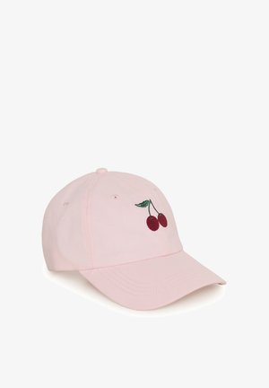 Hellrosa Baseballkappe mit bestickten roten Kirschen und grünen Blättern auf der Fronttafel, gebogenem Schirm und Belüftungsösen.