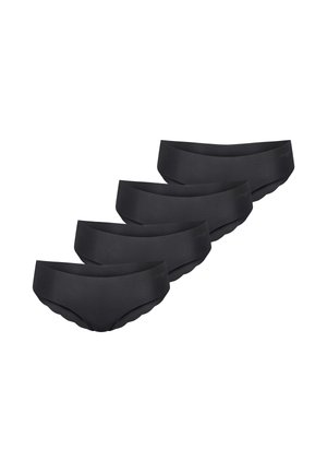 Zestaw czterech czarnych bezszwowych damskich majtek bikini z falistymi krawędziami na białym tle.