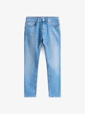 Svijetloplave uske traperice s izblijedjelim dijelovima, dizajn s pet džepova, zatvaranje na gumbe i mali crveni, bijeli i plavi logo na prednjem džepu.