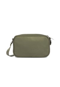 Borsa rettangolare di colore verde oliva, realizzata in nylon, con chiusura a zip, tracolla laterale e texture liscia senza motivi visibili.