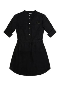 Svart klänning i mjukt tyg, med knappstängning framtill, krage, två bröstfickor och elastisk midja med en utsvängd kjol.