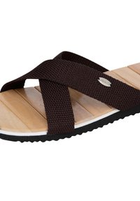 Brown woven fabric crossover straps on a wooden sole with a black rubber base. Features a silver logo accent on the strap.